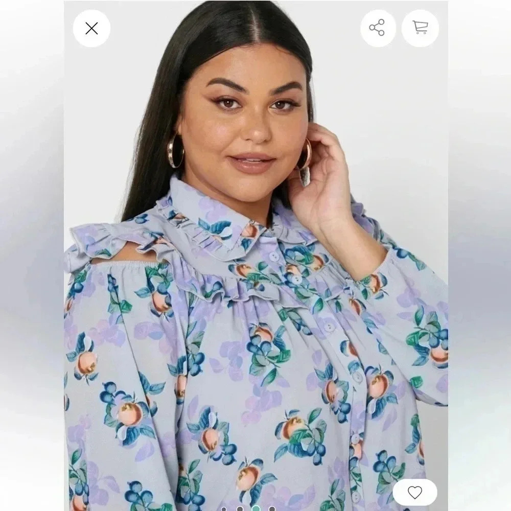 Lost Ink | Women’s Plus Size 4X Ruffled Floral Fruit Button Down Blouse